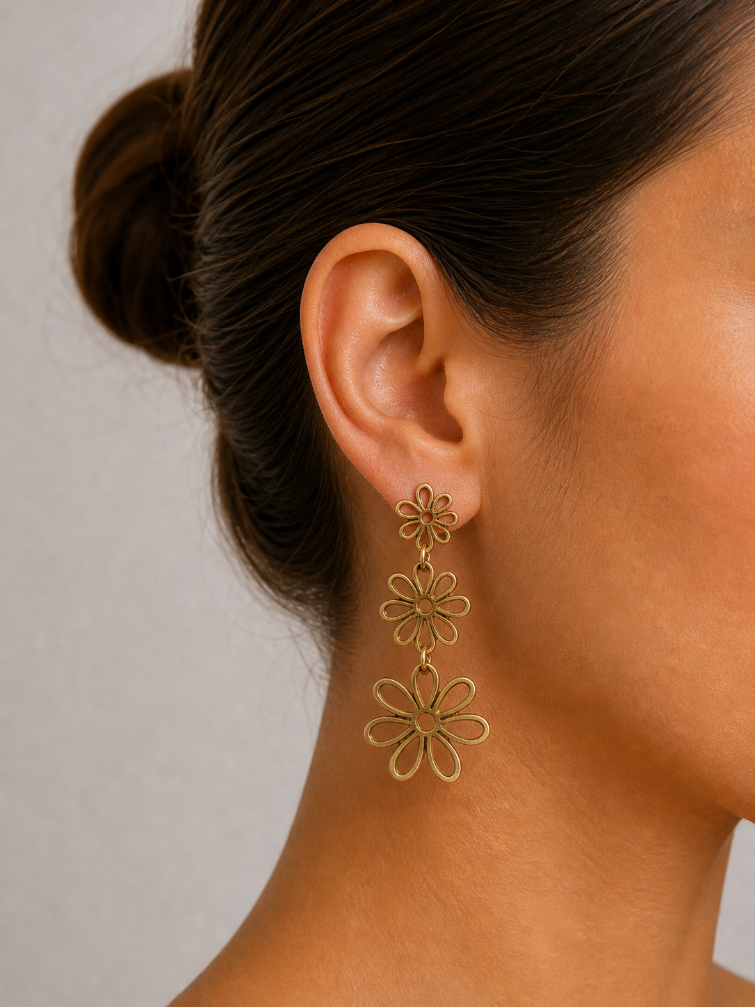 Gold Enamel Triple Flower Drop Earrings