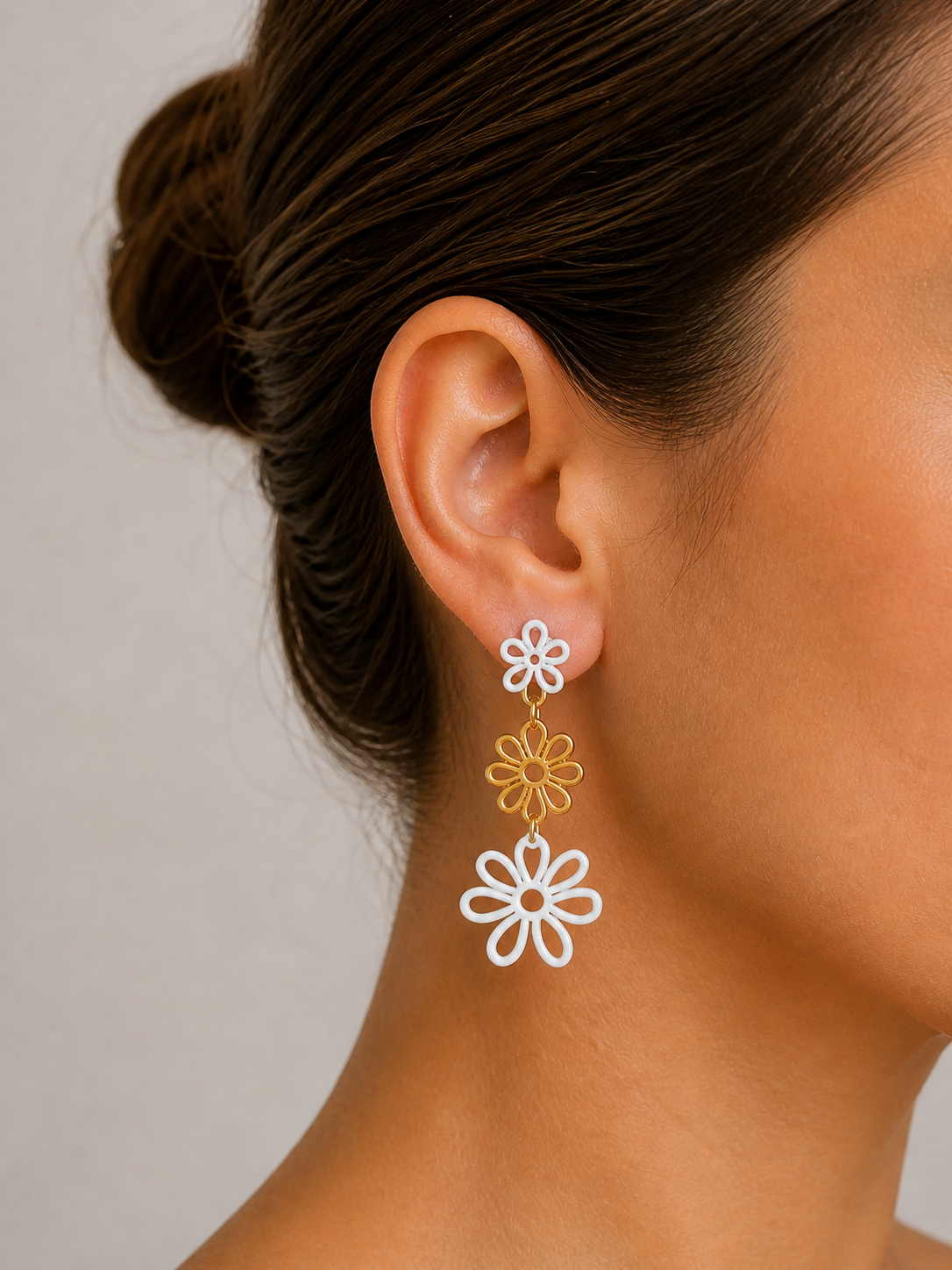 Gold Enamel Triple Flower Drop Earrings