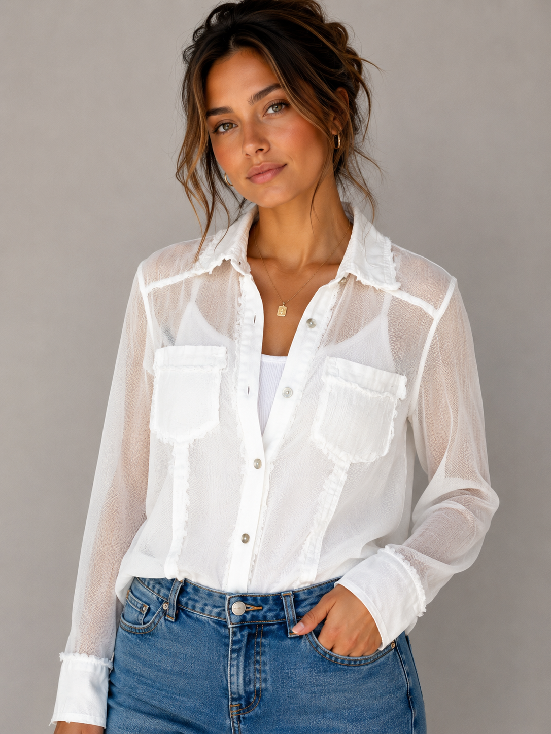 Linen Mesh Button Front Top