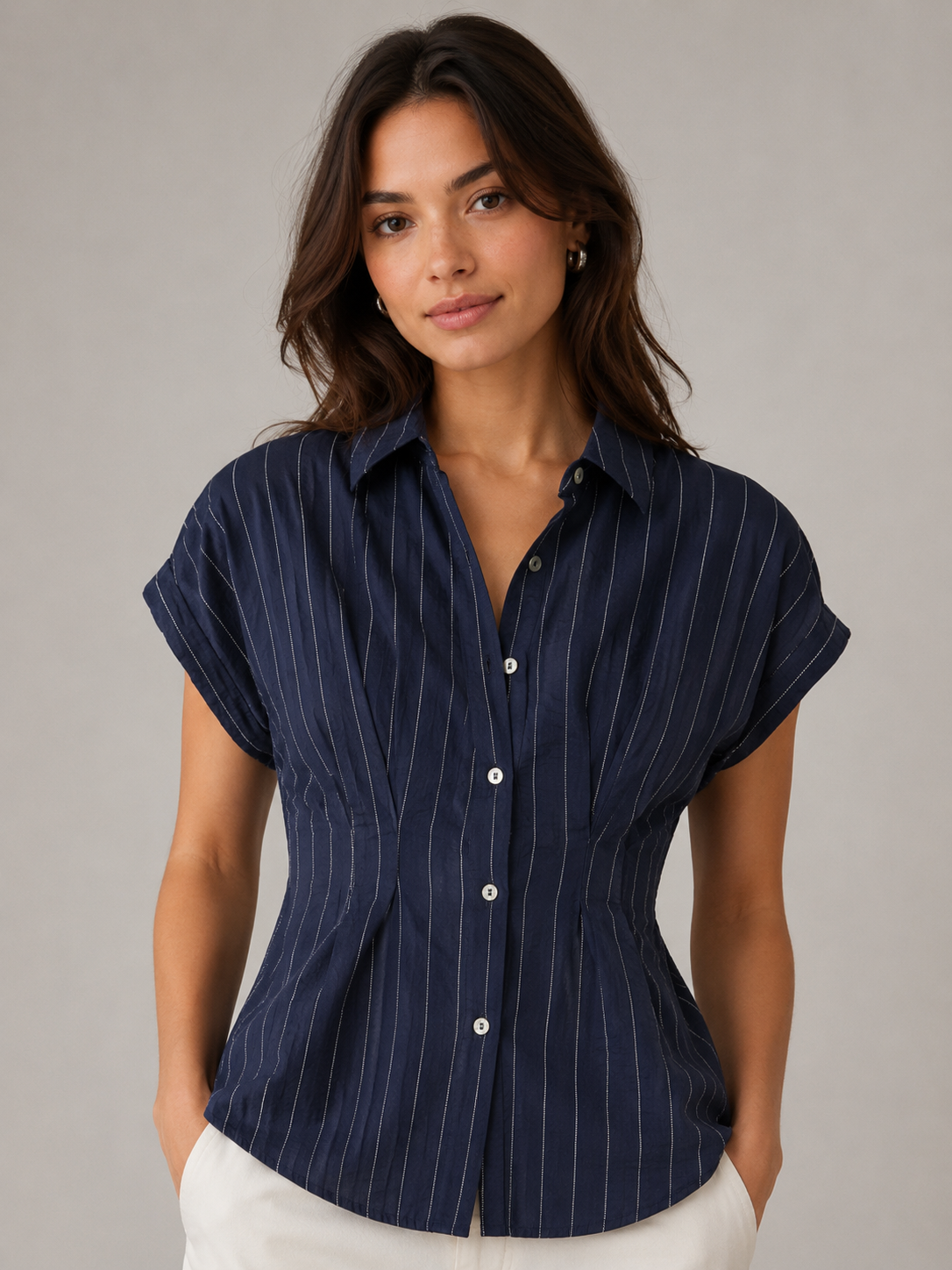 Navy Striped Pintuck Button Front Top