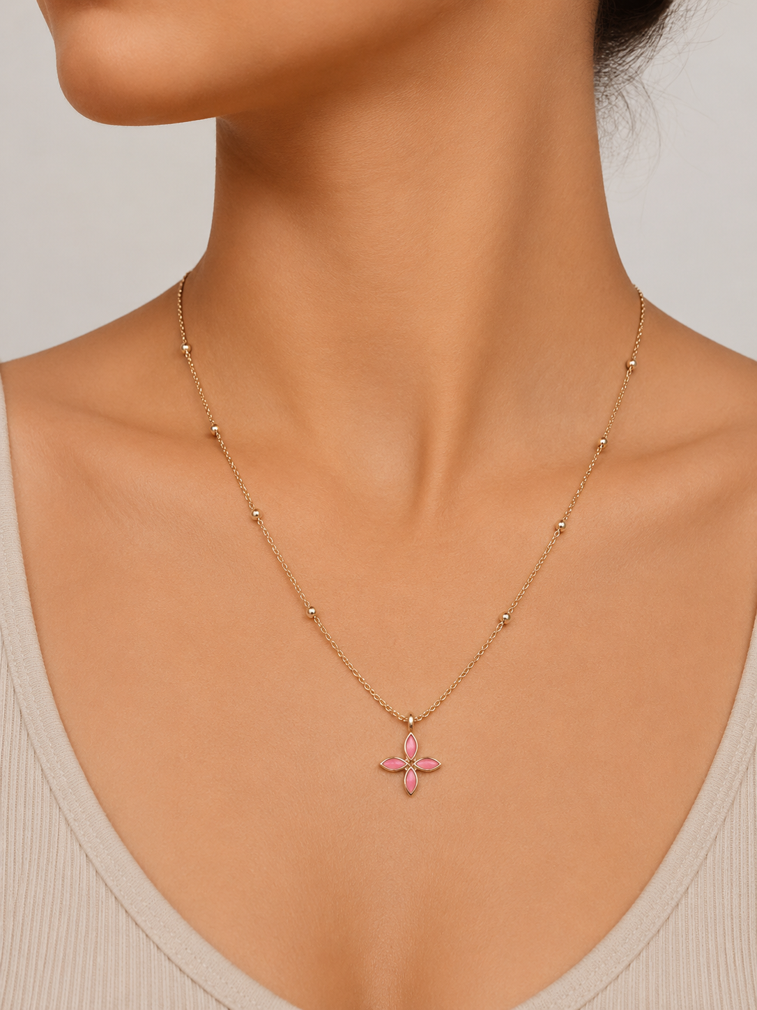 Enamel Cross Drop Necklace - Pink