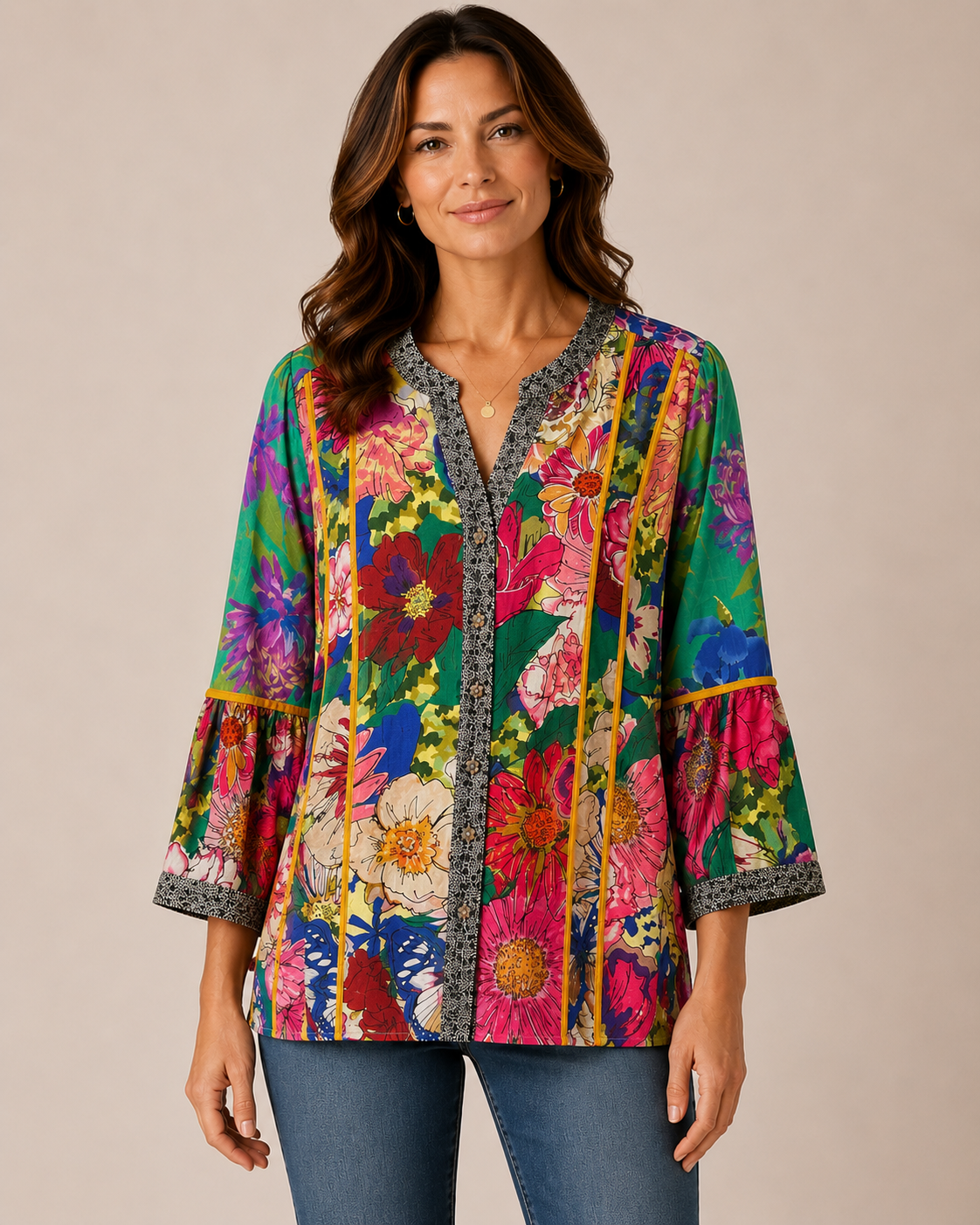 John Mark Woven Mix Print 3/4 Sleeve Button Front Blouse