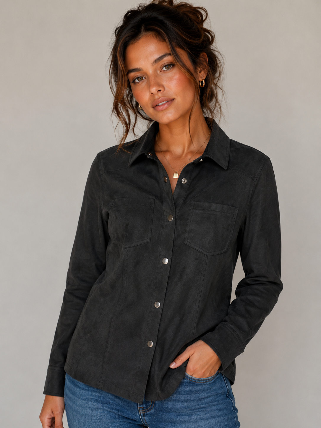 Black Suede Button Front Top