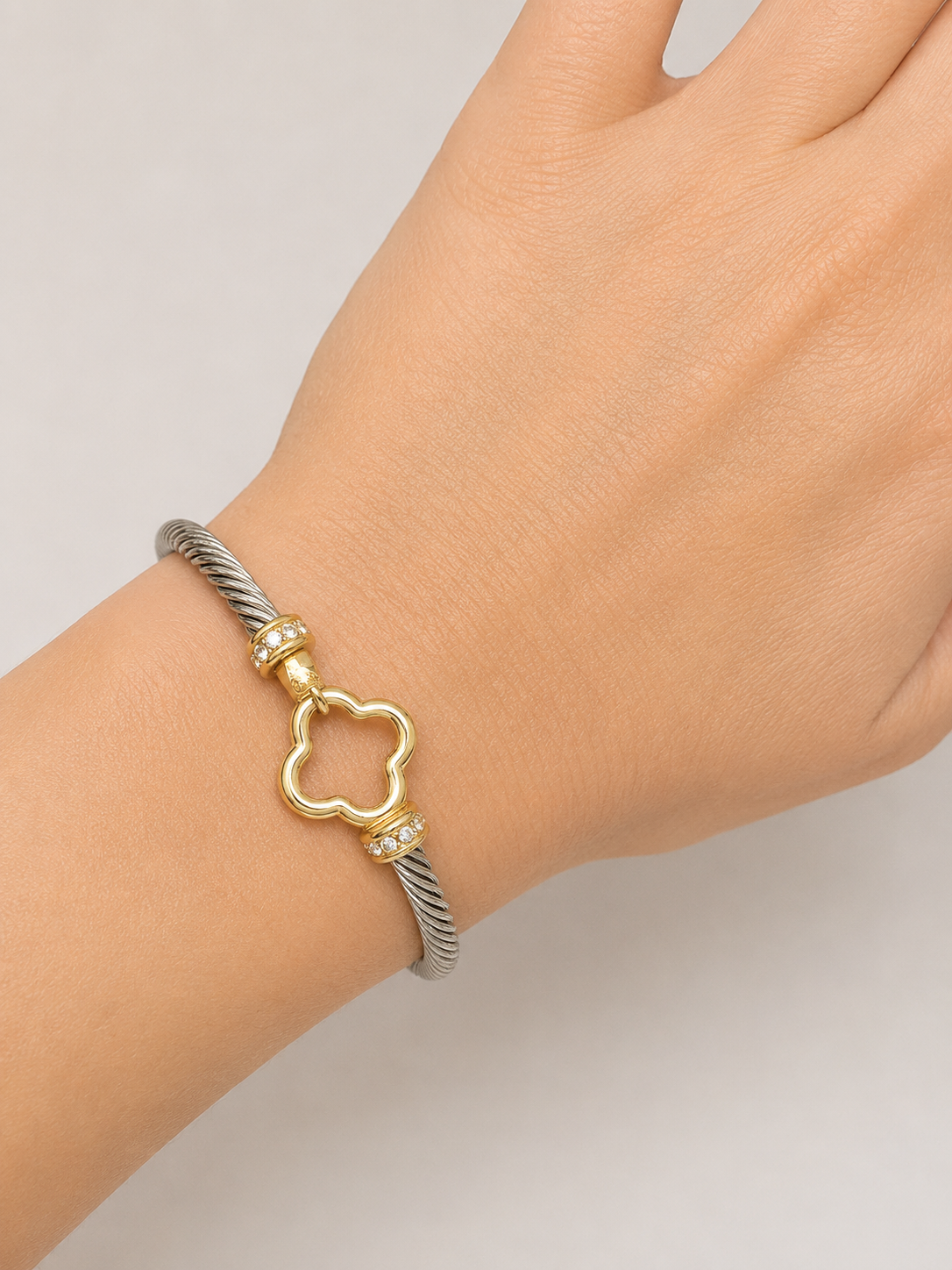 Two Tone CZ Clover Clasp Bracelet