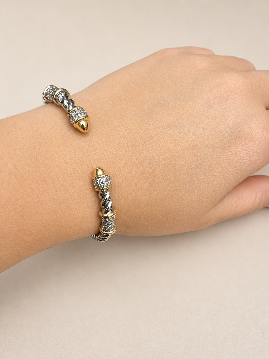 Two Tone Pave Point Hinged Bangle