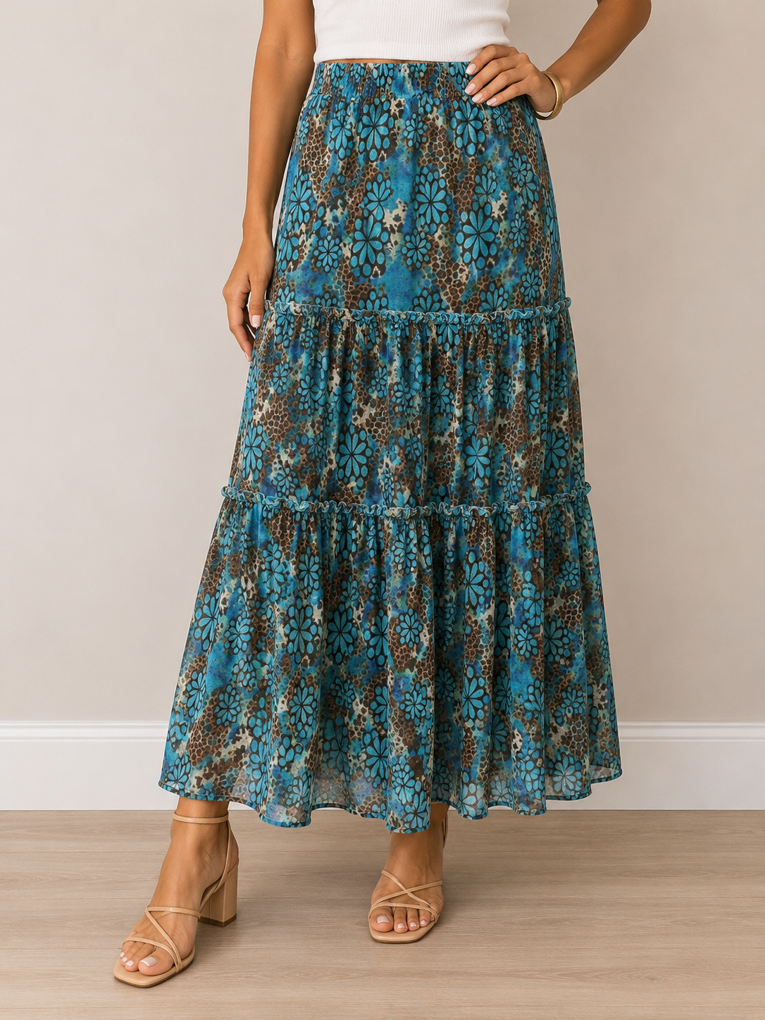 Turquoise Printed Mesh Tiered Maxi Skirt