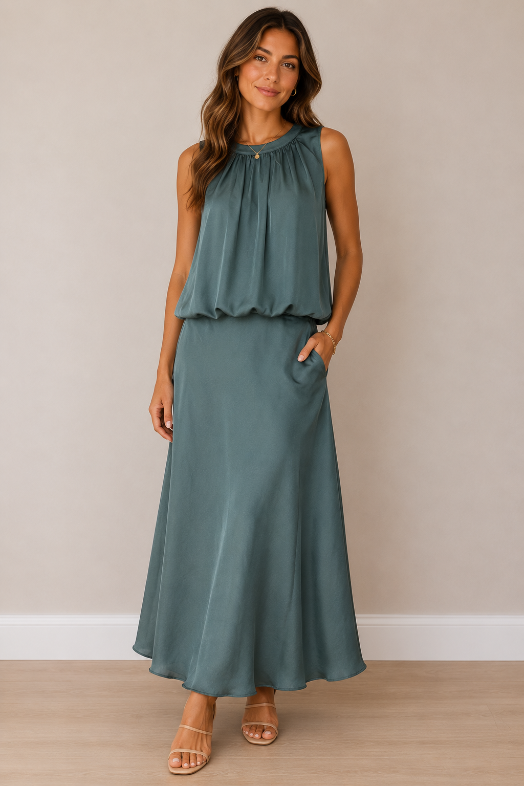 Teal Satin Balloon Top Maxi Set