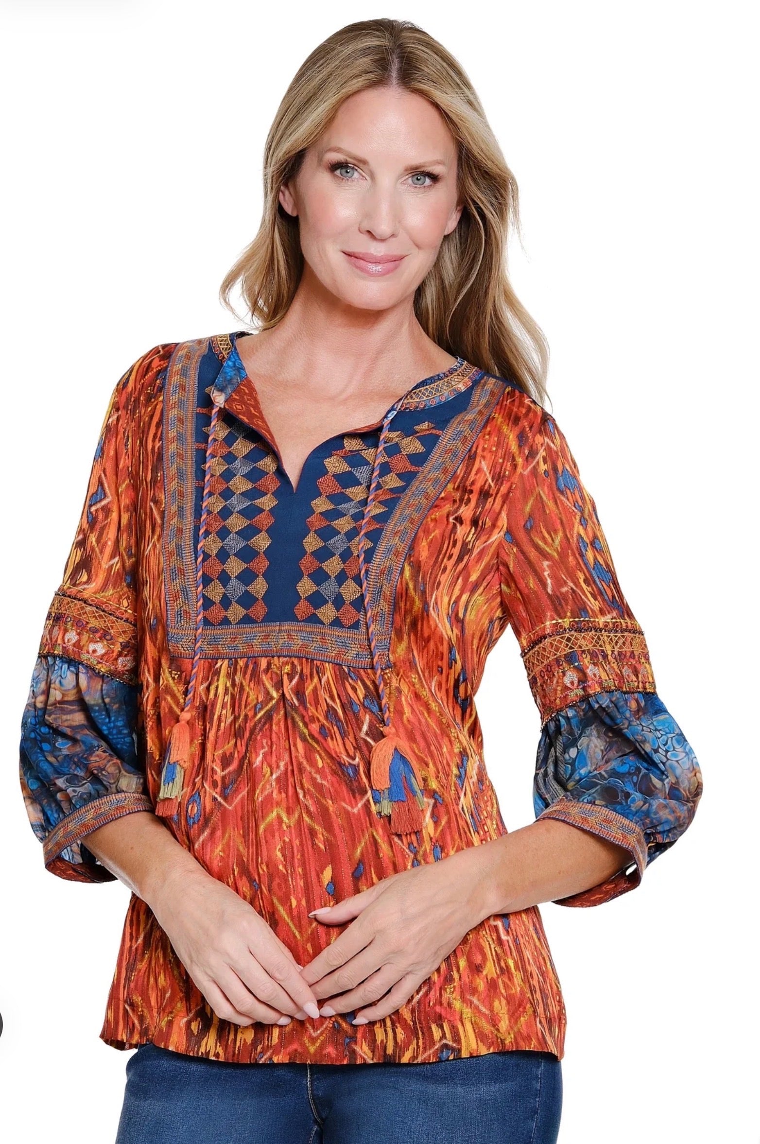 John Mark Multi Print Peasant Top with Tassel Ties