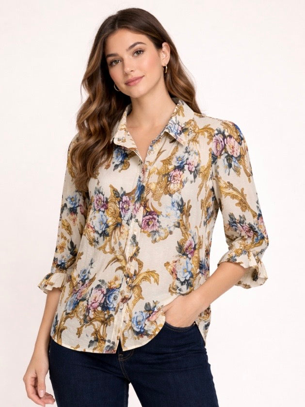 Floral Baroque Print Button Front Top