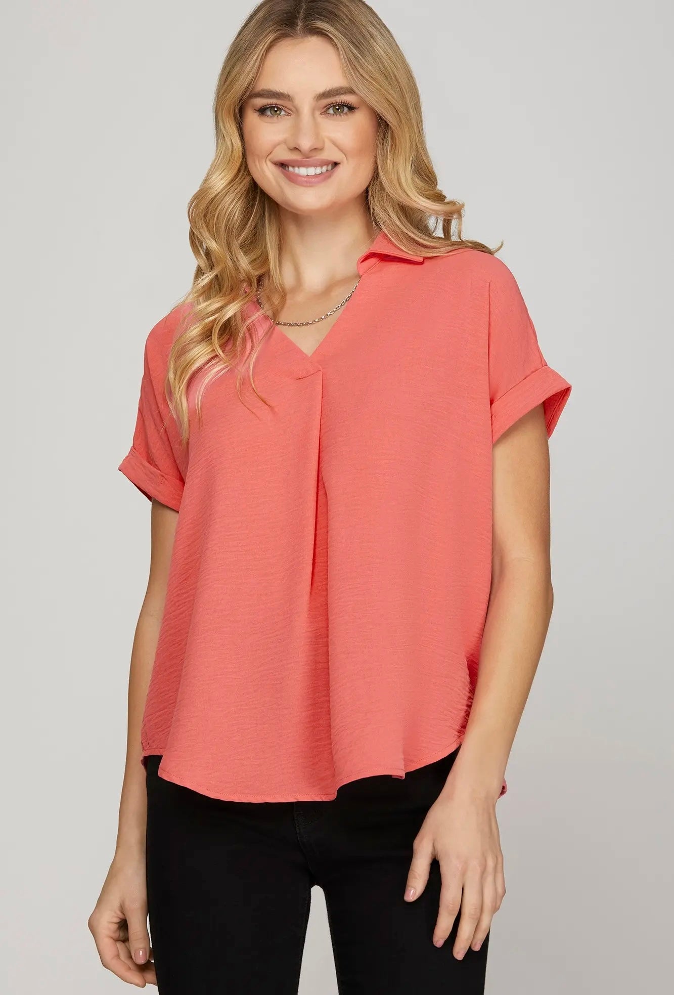 Drop Shoulder Woven Collared Top