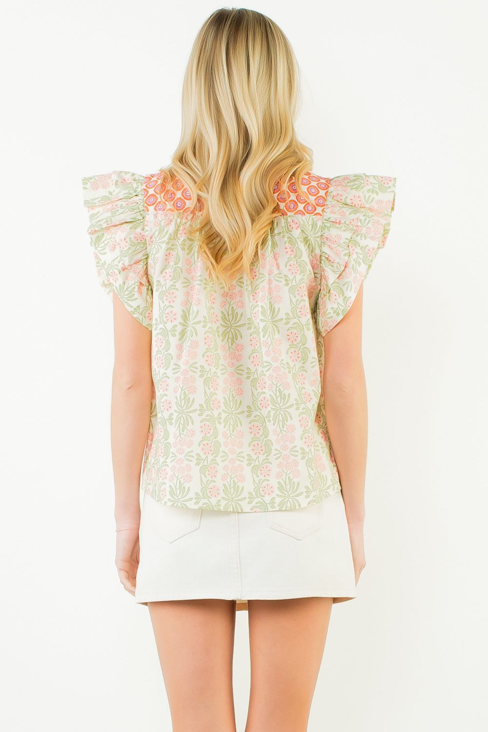 Lime Ruffle Sleeve Floral Vneck Top