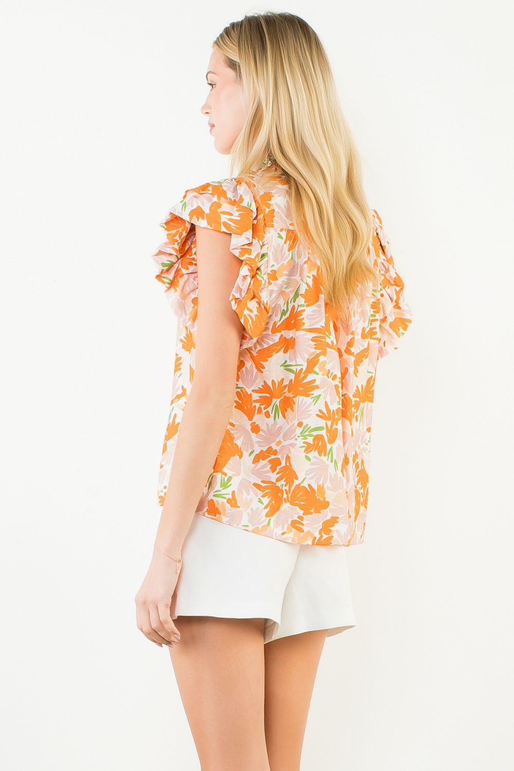 Orange Flowy Sleeve Floral Vneck Top