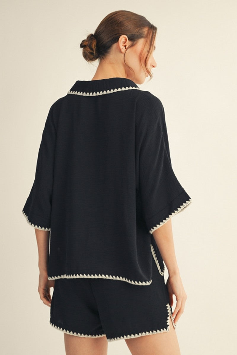 Black Embroidery Trim Short Set