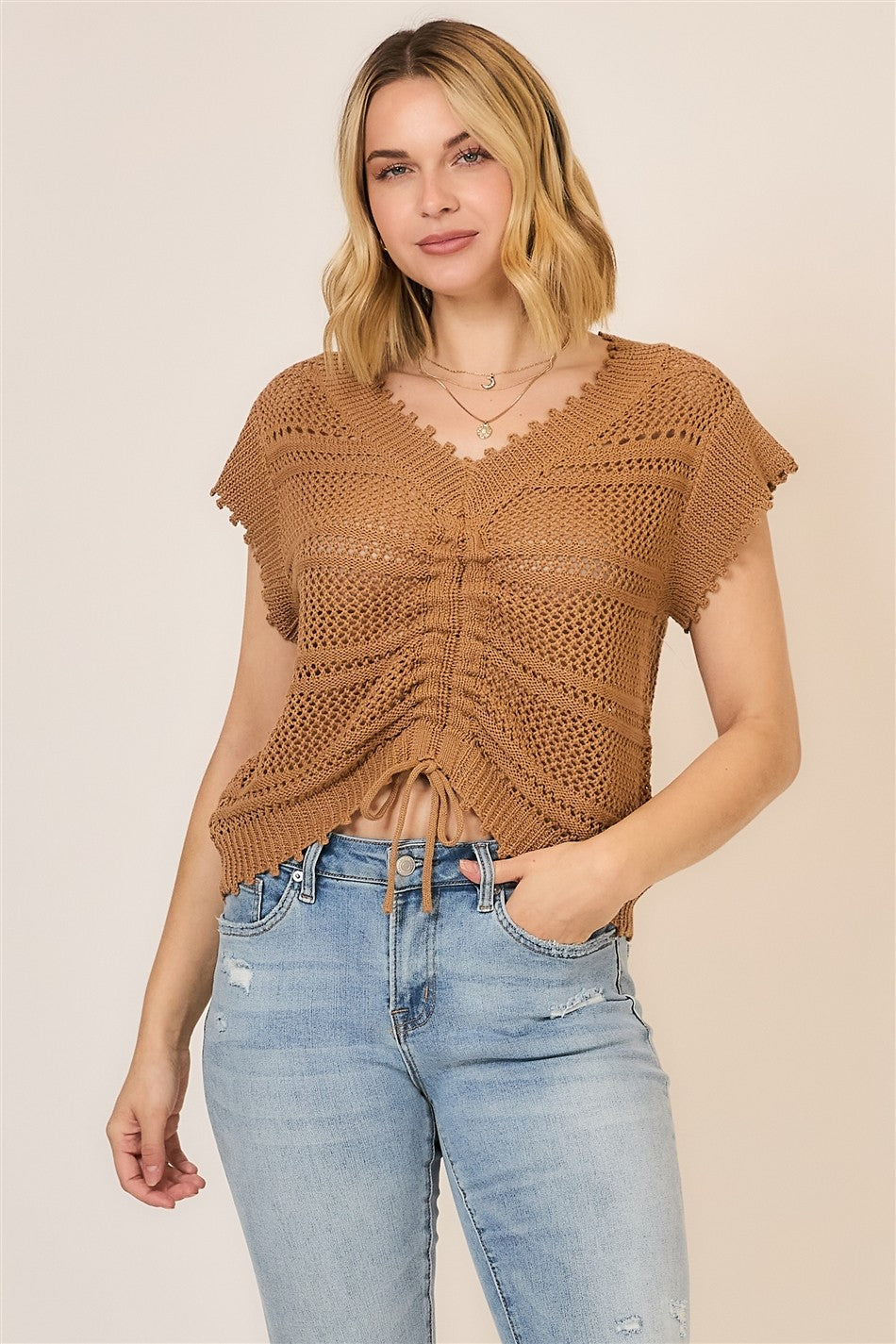 Camel Open Knit Ruched Short Sleeve Top