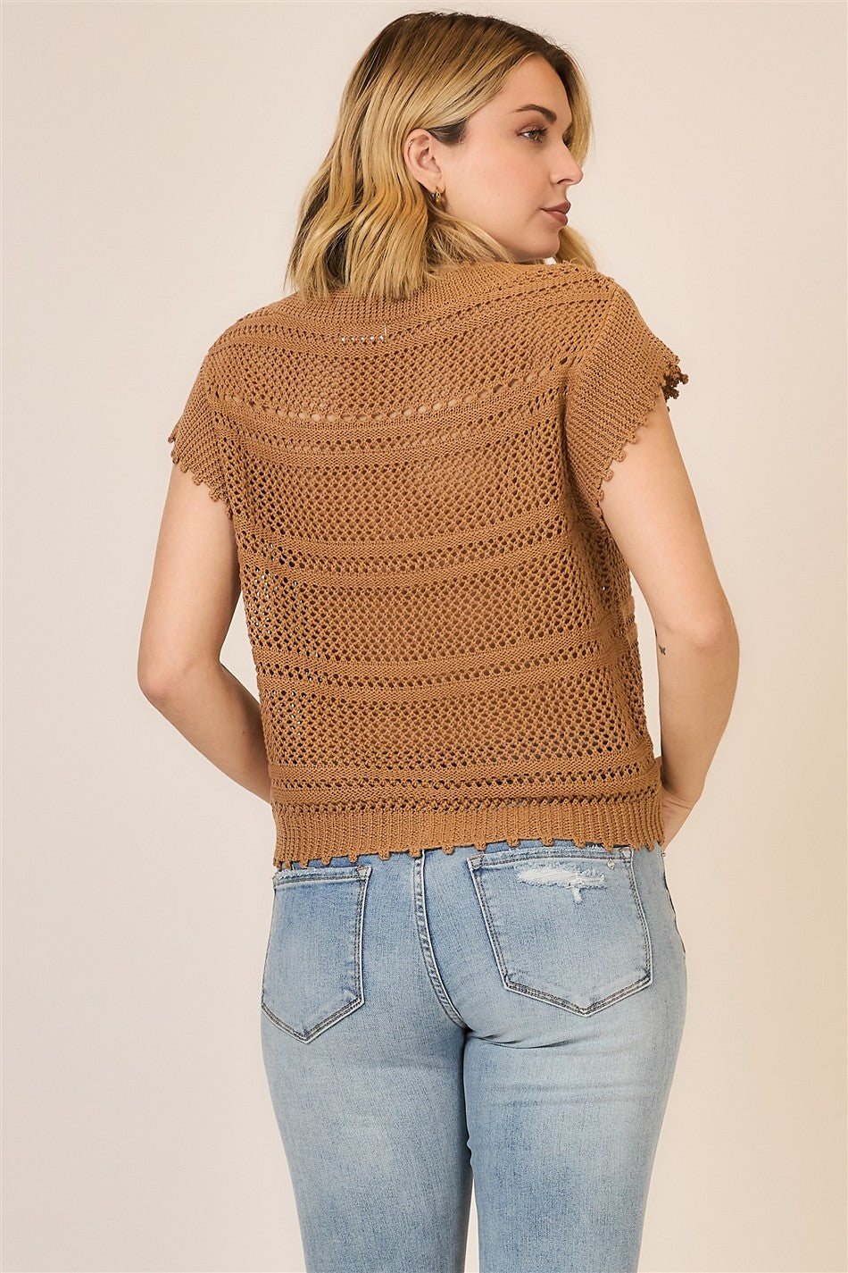 Camel Open Knit Ruched Short Sleeve Top