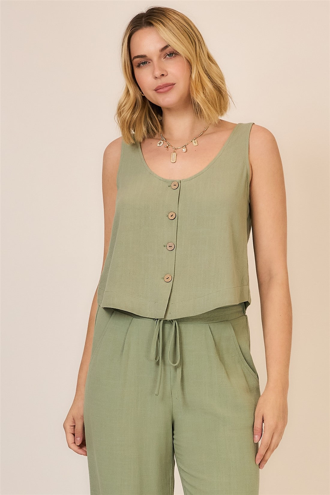 Olive Linen Blend Pants Set
