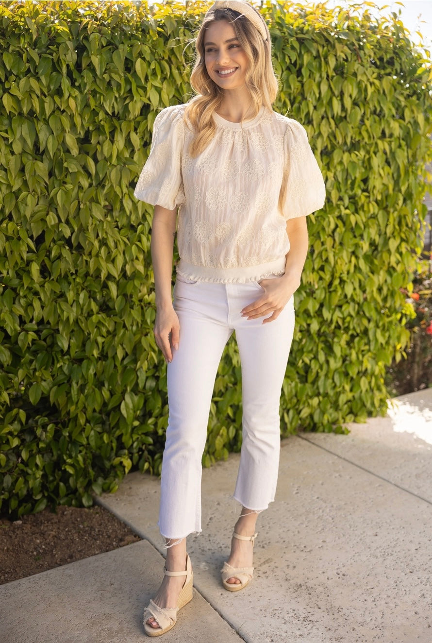 Cream Elastic Knit Hem Stripe and Floral Embroidered Top
