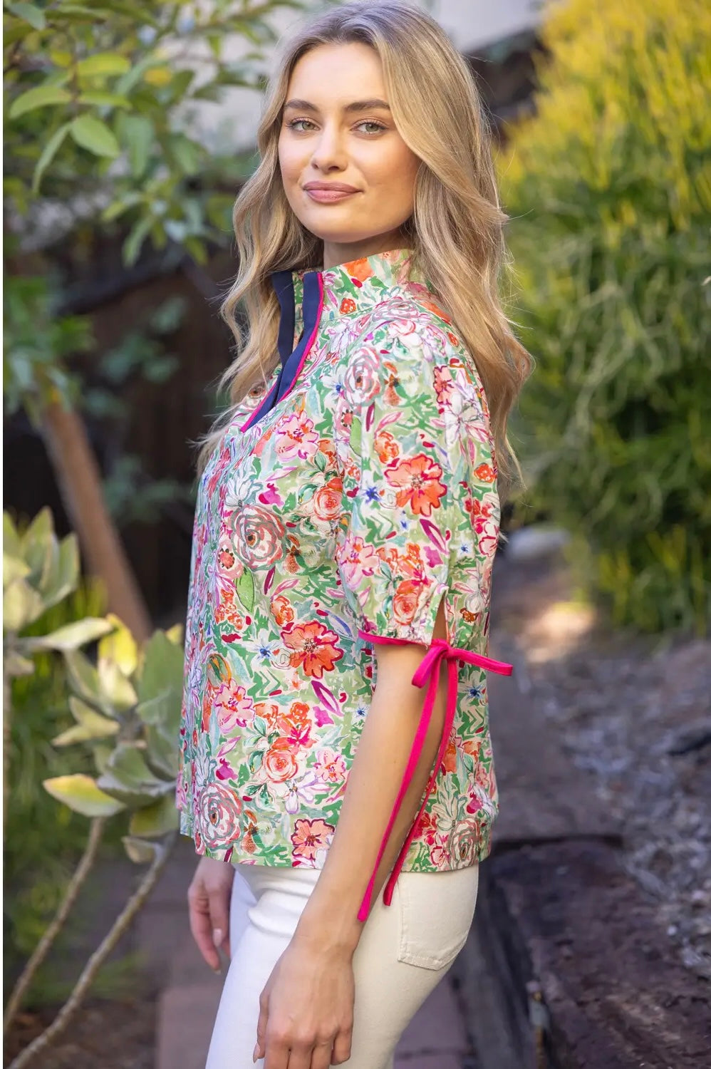 Pink Contrast Quarter Placket Floral Top