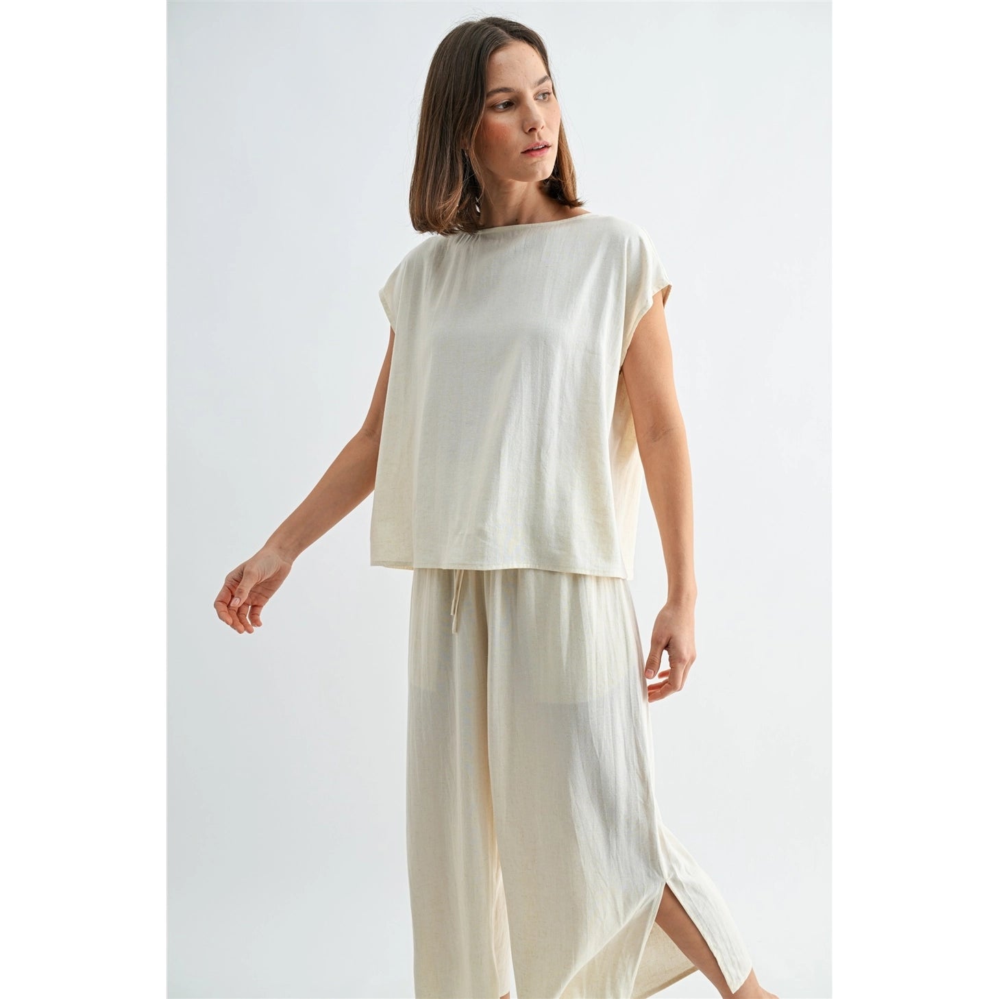 Linen Side Slit Drawstring Pant Set