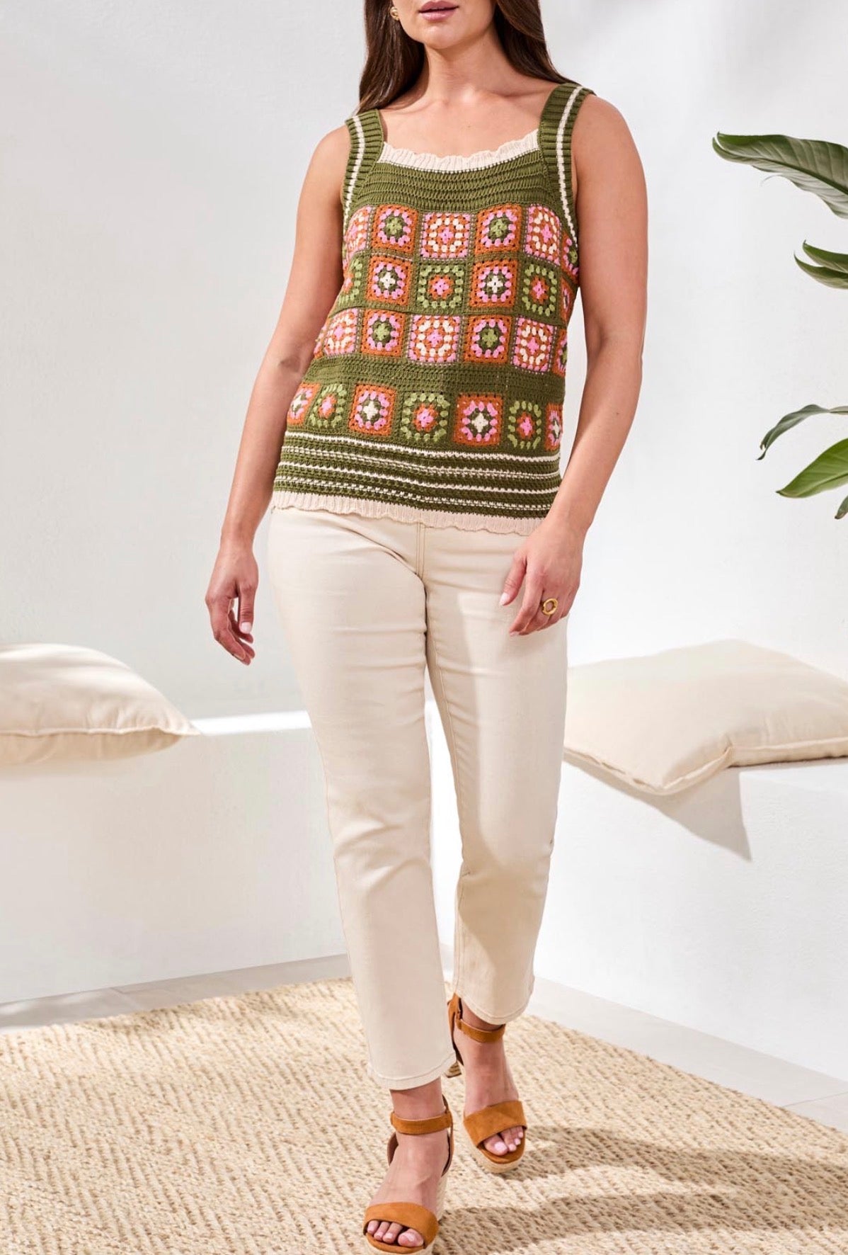 Tribal Wide Strap Crochet Sweater Cami-Rainforest