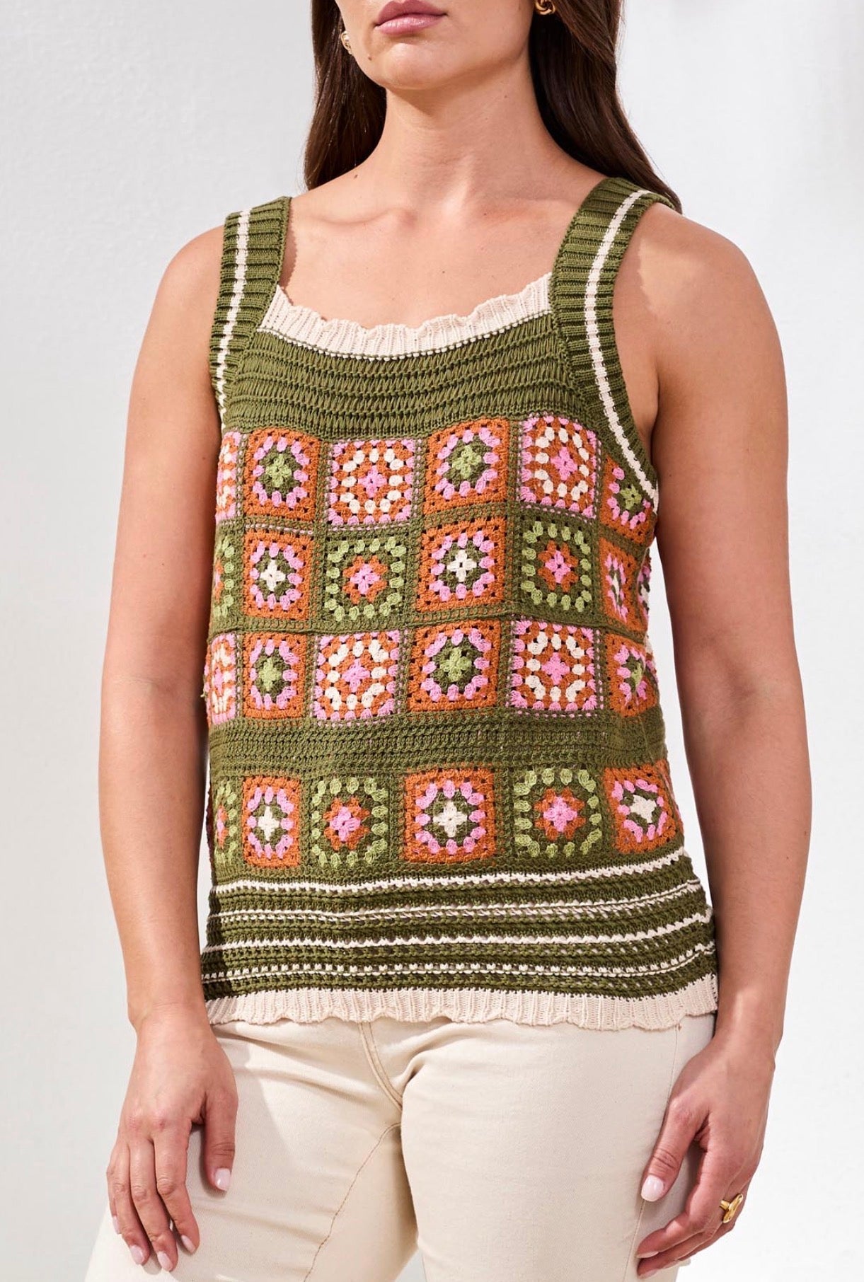 Tribal Wide Strap Crochet Sweater Cami-Rainforest