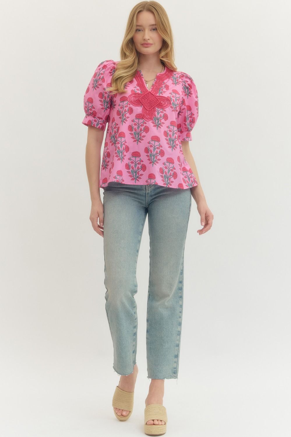 Pink Floral Appliqué Neck Top