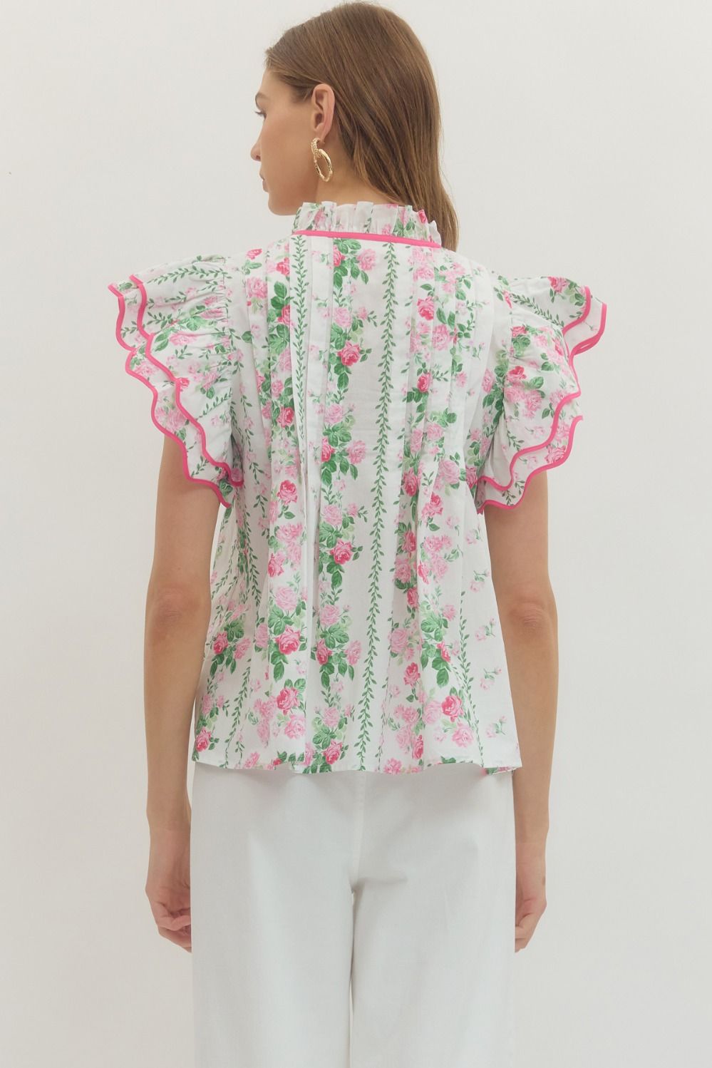 Pink Flutter Sleeve Tie Front Top