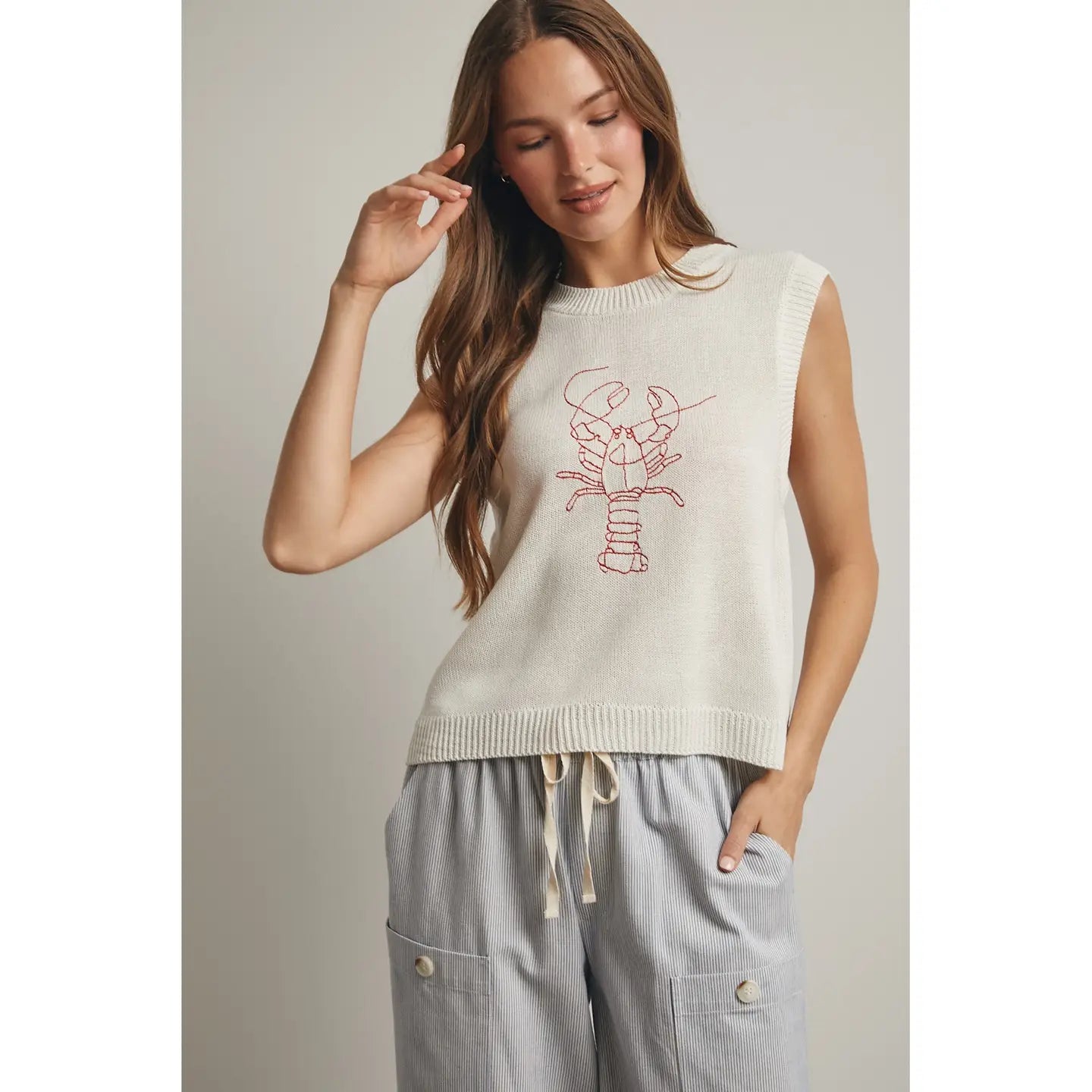 Cream Lobster Embroidered Sweater Vest