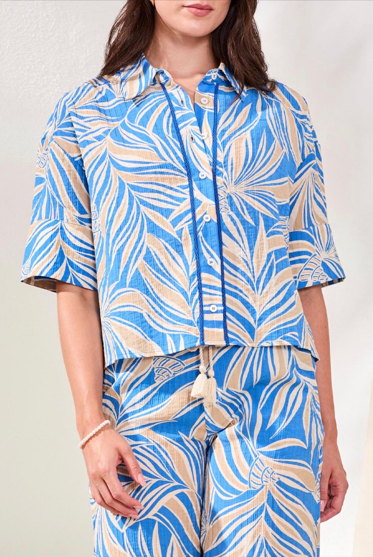 Tribal Short Sleeve Button Front Camp Shirt & Pull On Pant Set-Royal