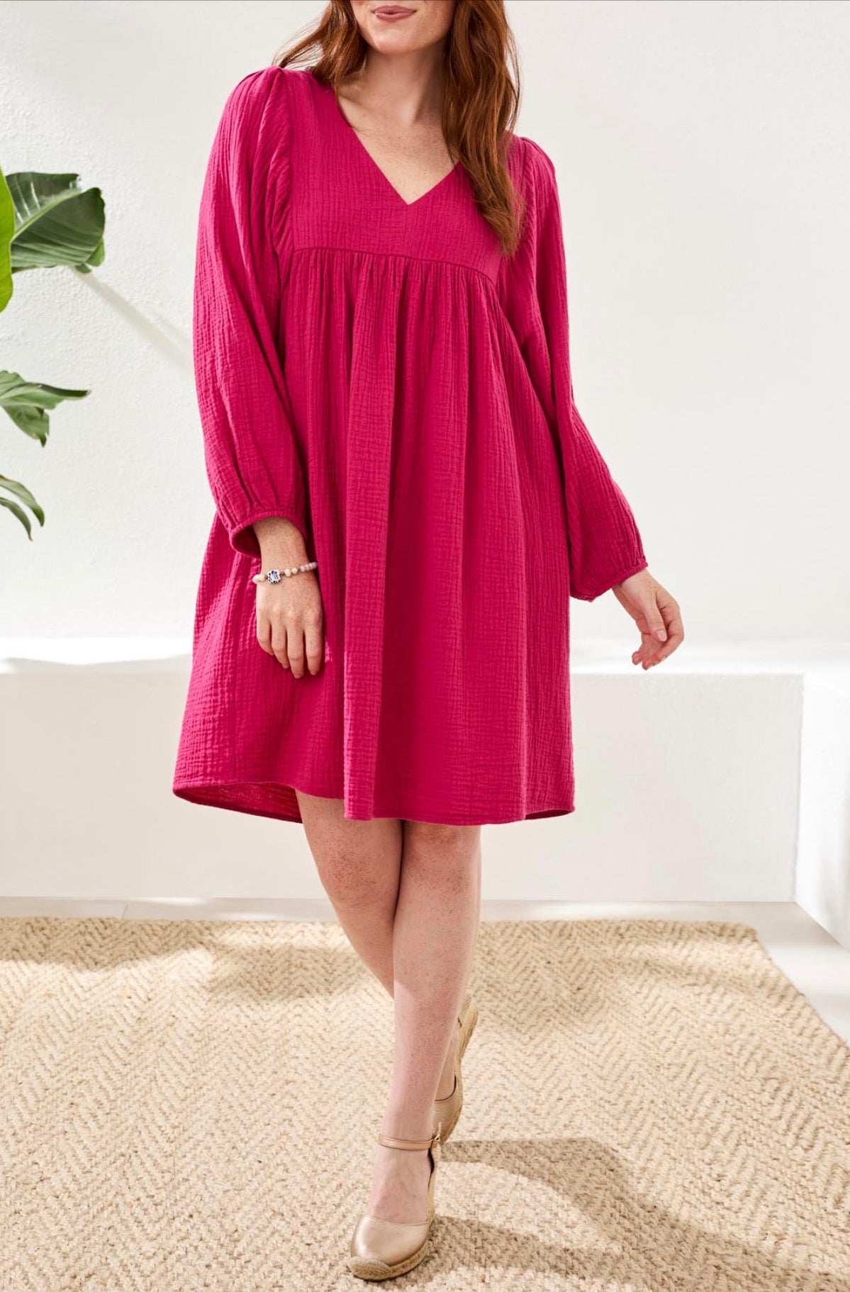 Tribal Puff Sleeve Dress W/Pockets-Gardenia