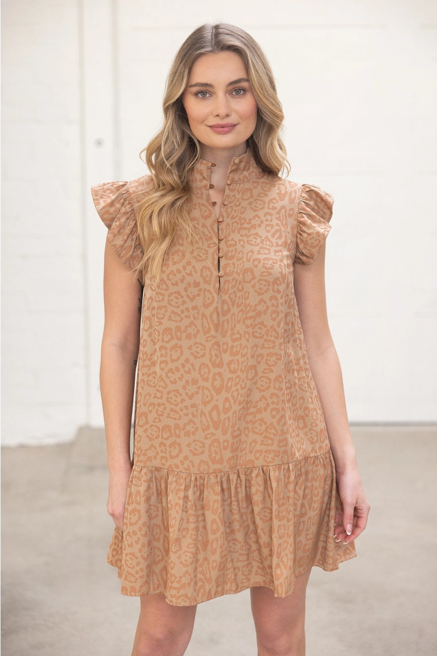 Taupe Animal Print Ruffle Sleeve Button Down Dress