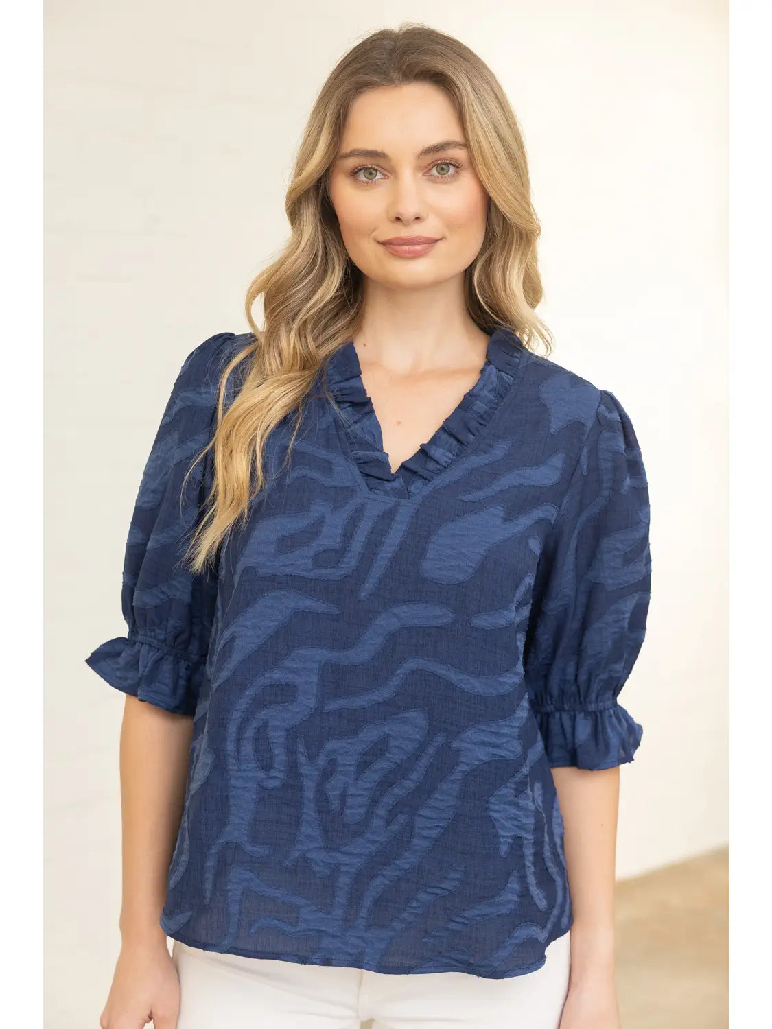 Navy Vneck Diamond Textured Top