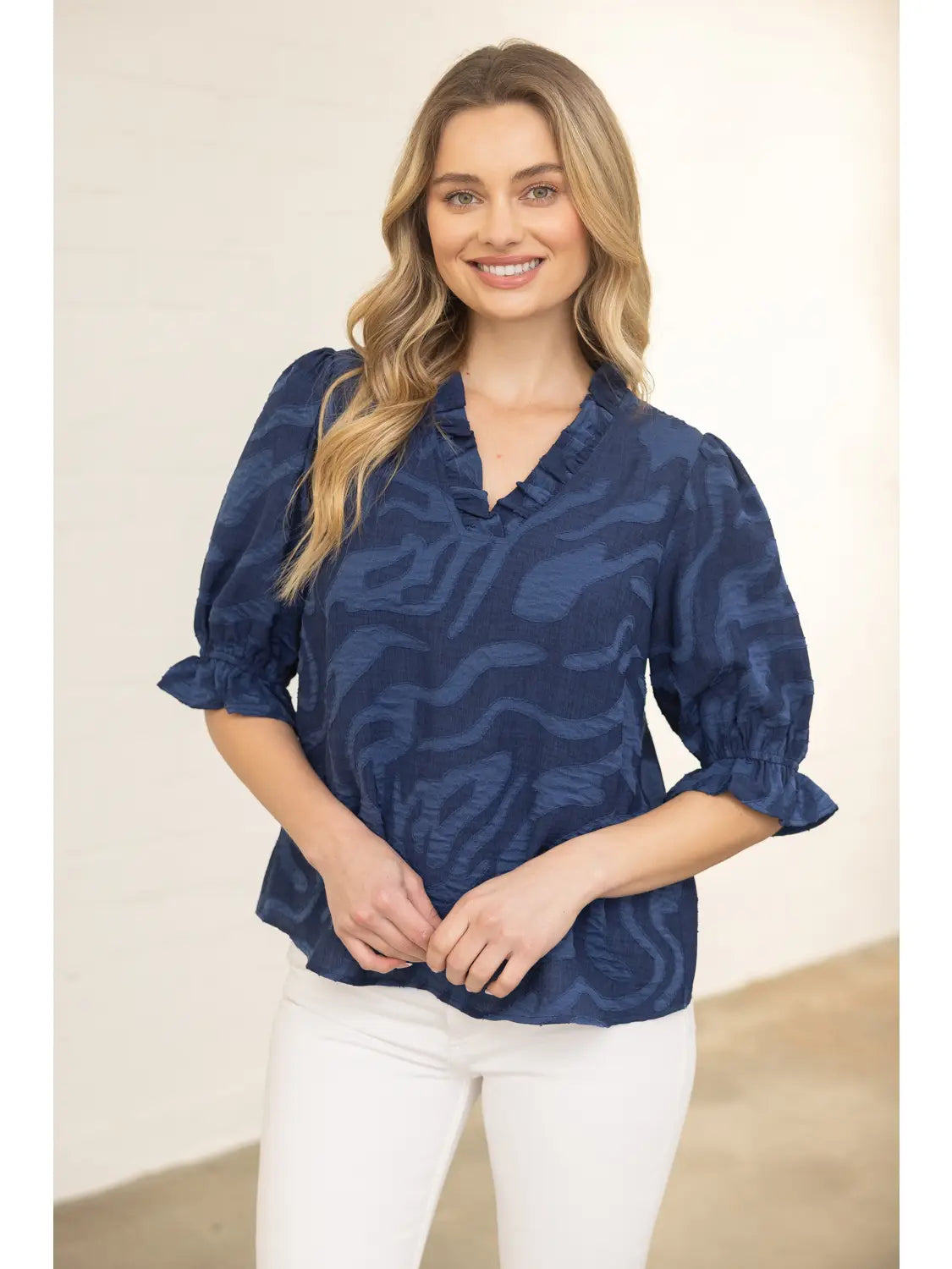 Navy Vneck Diamond Textured Top