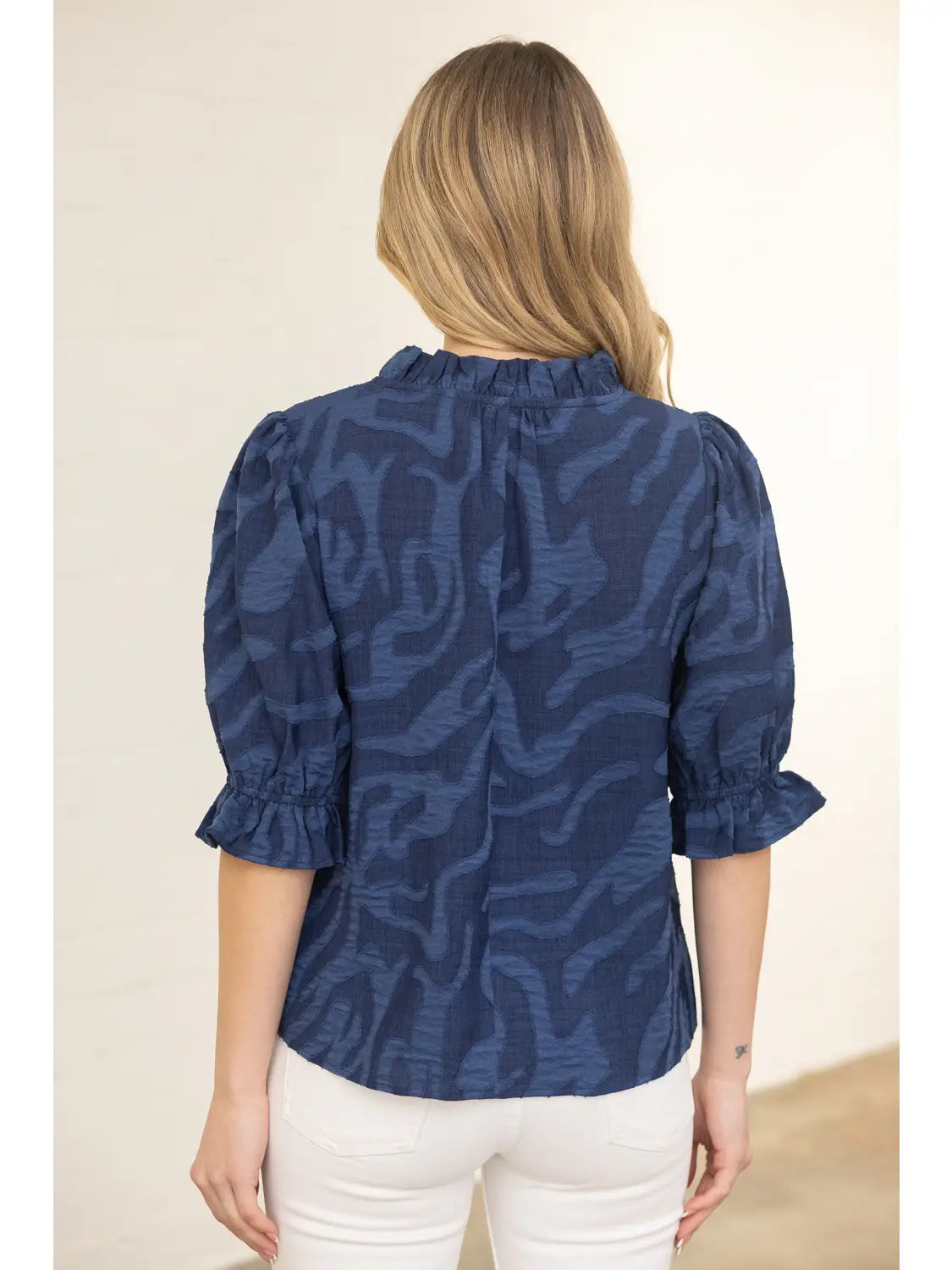 Navy Vneck Diamond Textured Top