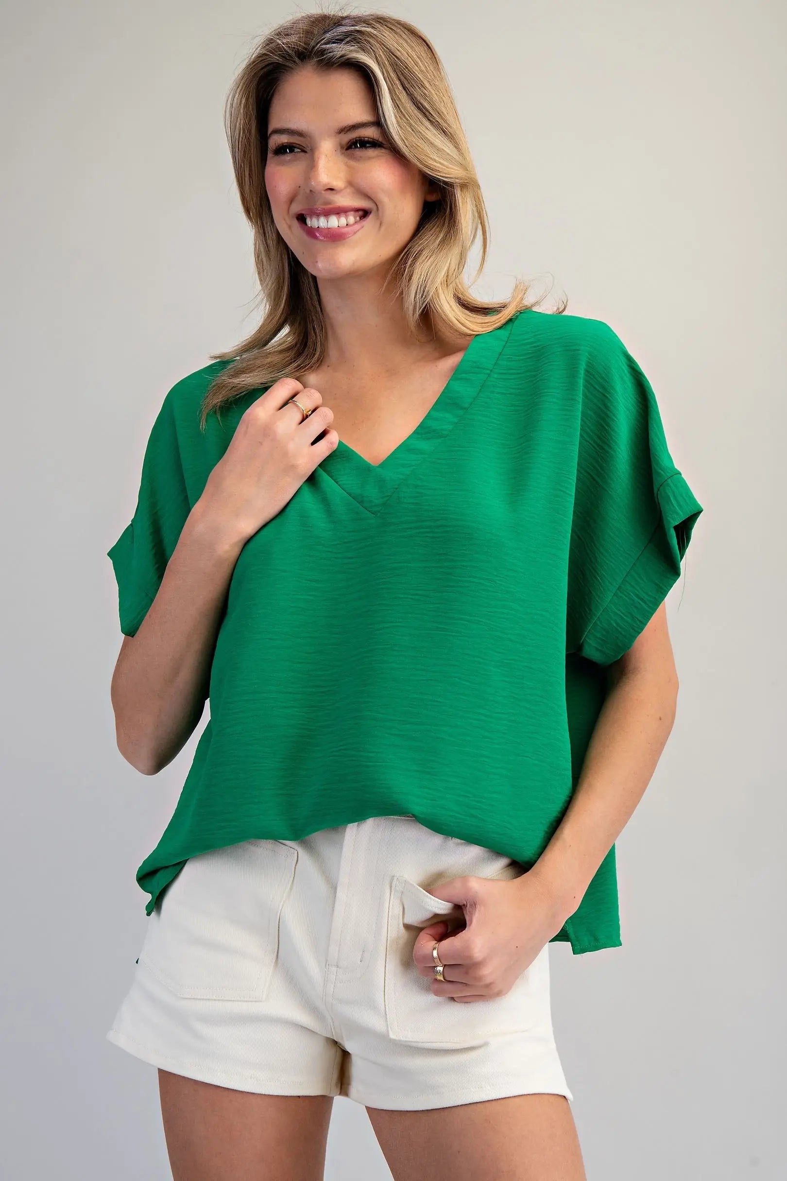 Green Vneck Short Sleeve Top