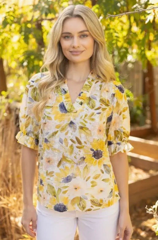 Yellow Floral Ruffled Vneck Top