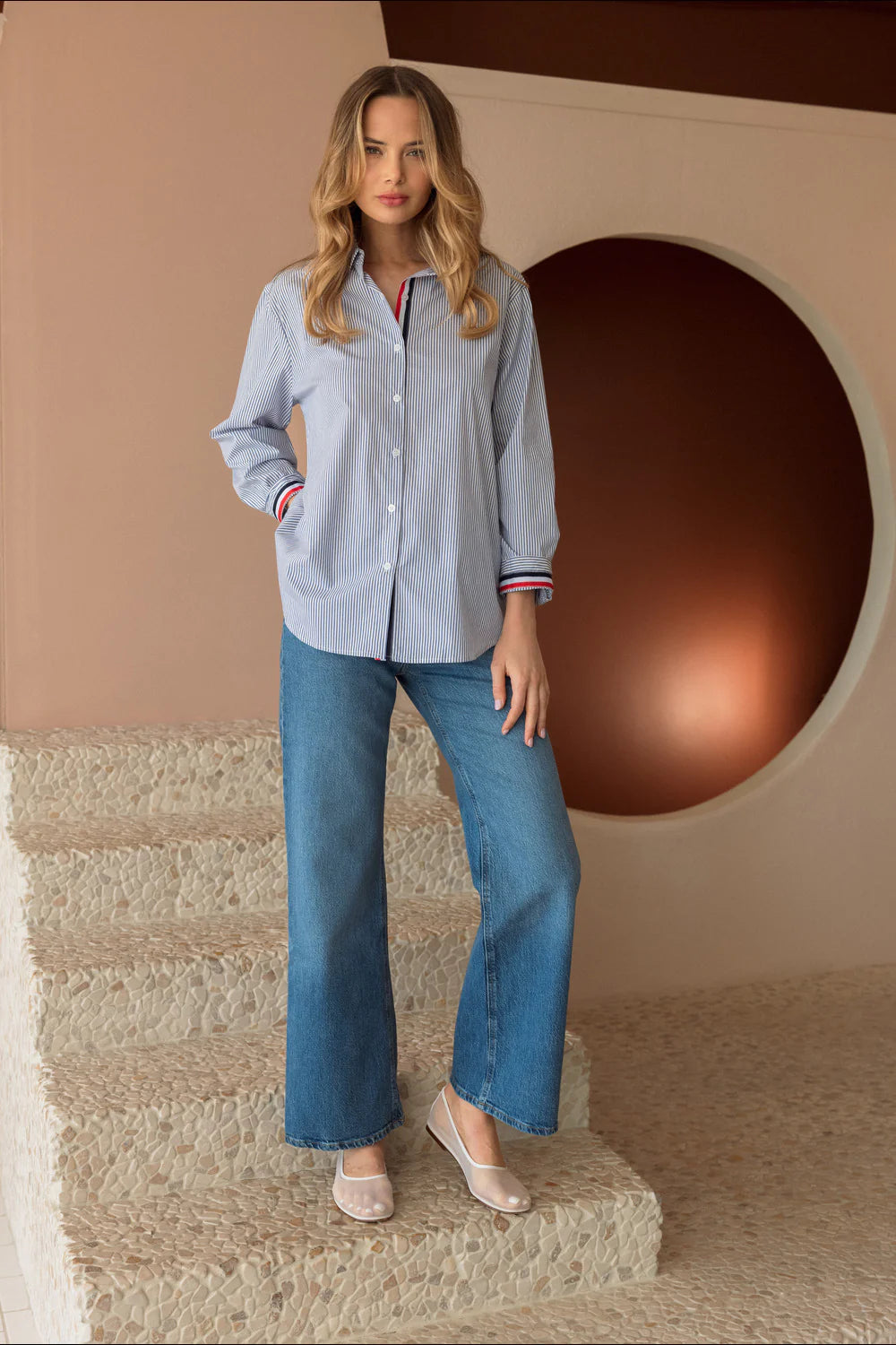 Jasmine Coton Pinstripe Red Detail Shirt