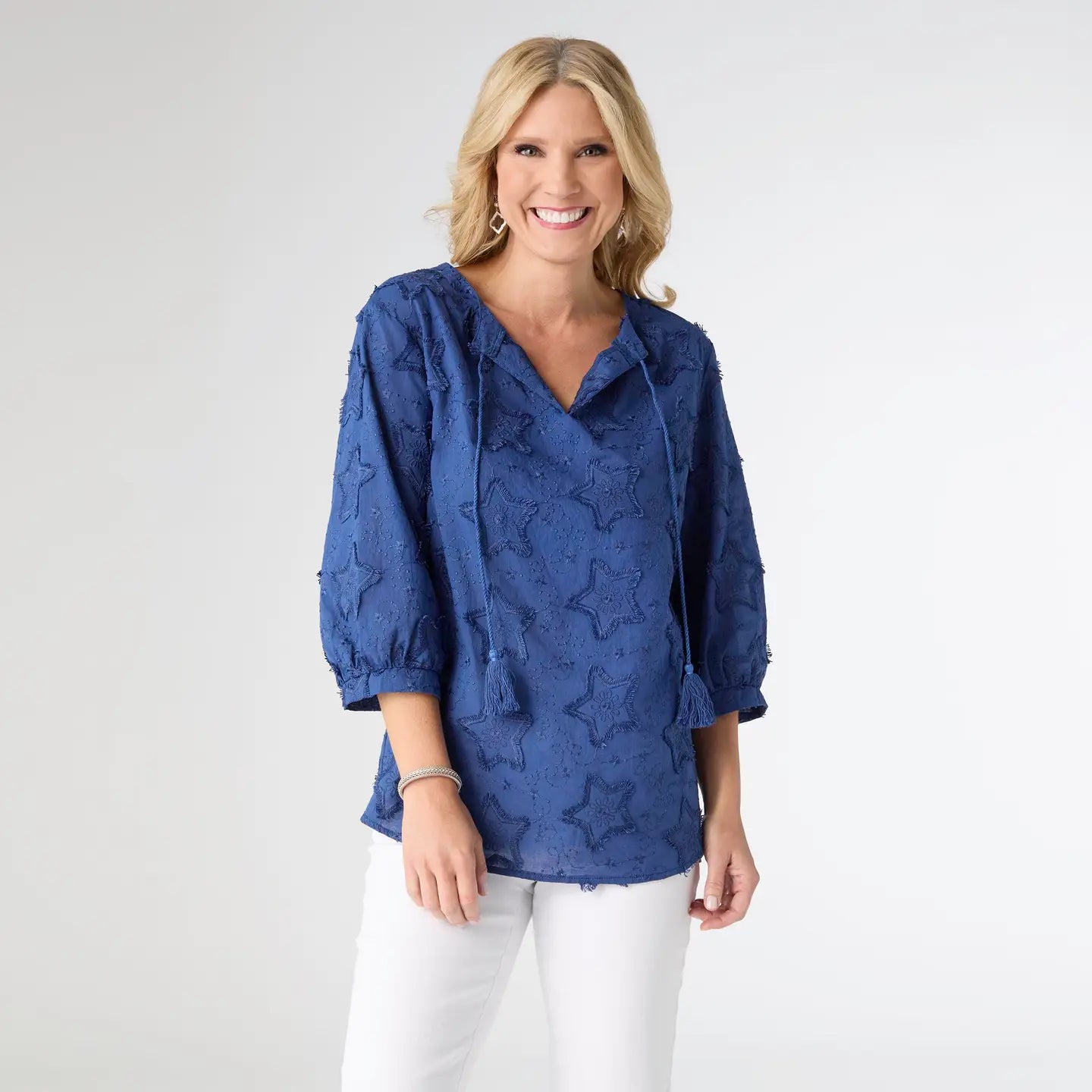Hattie Vneck Top with Embroidered Stars
