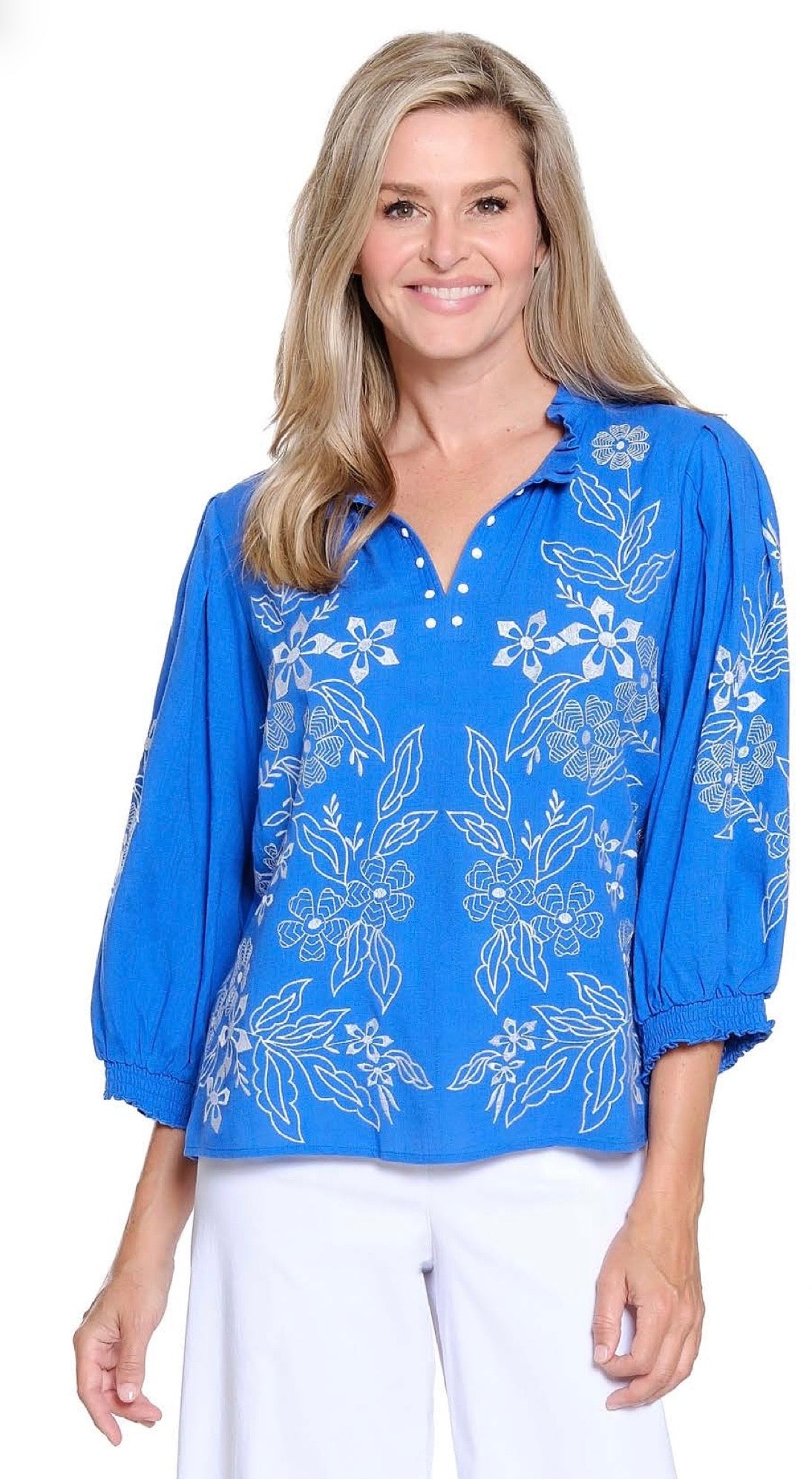 Blue Embroidered Popover Top