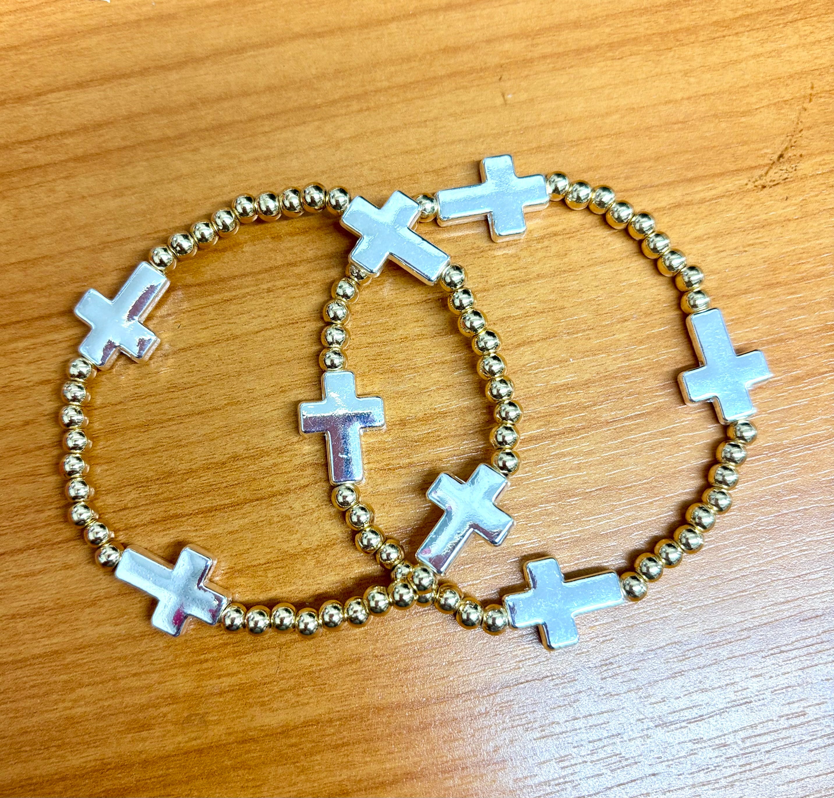 Dual Tone Cross Stretch Bracelet