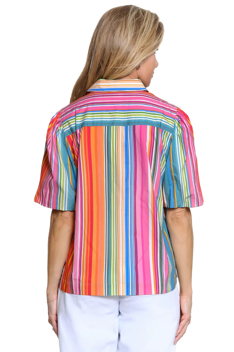 John Mark Stripe Multi Short Sleeve Button Front Blouse