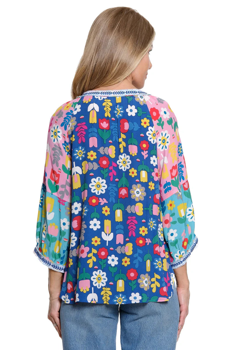 John Mark Floral Multi Print Top with Blouson Sleeves