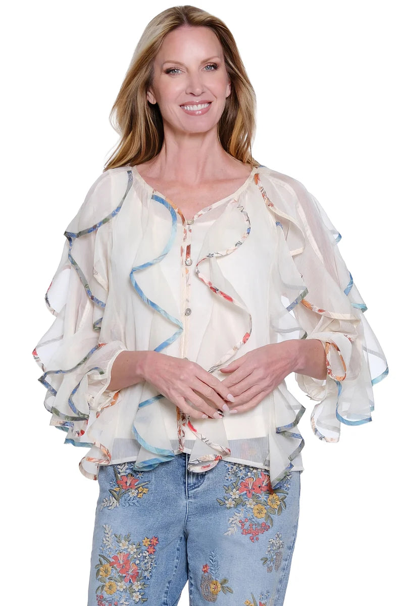 John Mark Ivory Woven Ruffle 3/4 Sleeve Blouse