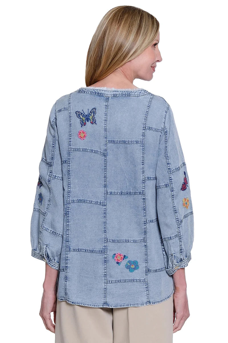 John Mark Patchwork Button Front Blouse with Embroidery - Chambray