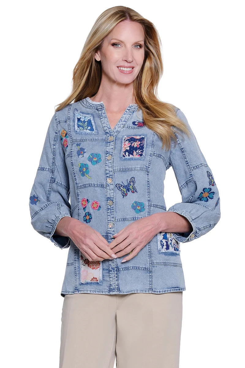 John Mark Patchwork Button Front Blouse with Embroidery - Chambray