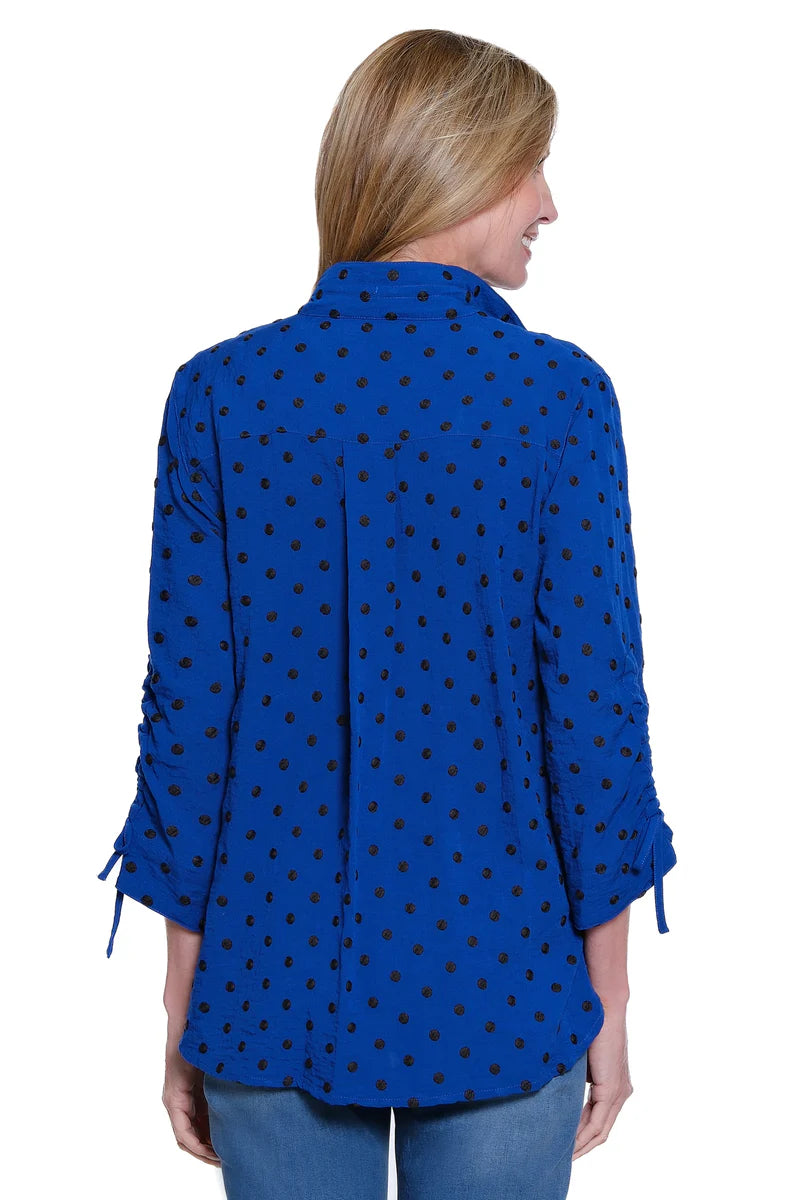 John Mark Navy Embroidered Dot Cinch Sleeve Button Down Top
