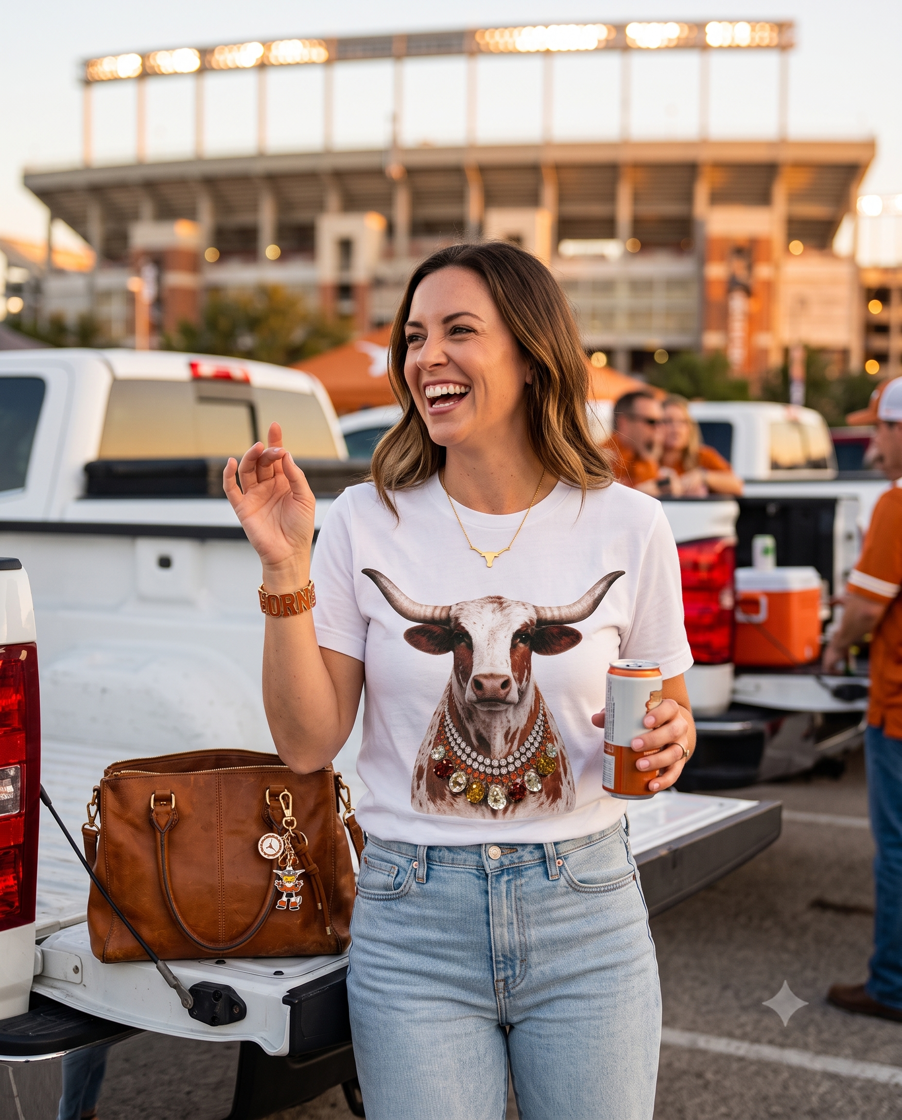 Jeweled Collar Longhorn T-shirt styled at a tailgate - temp styled photo
