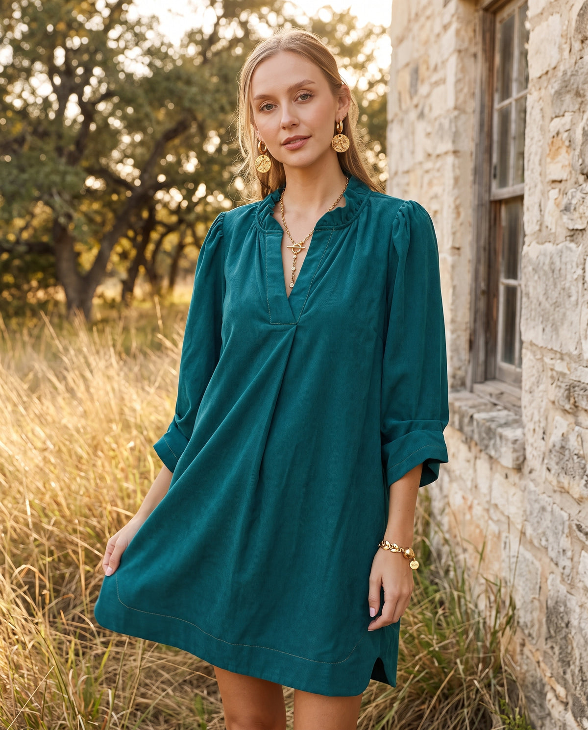 Teal Corduroy Ruffle Neck Dress