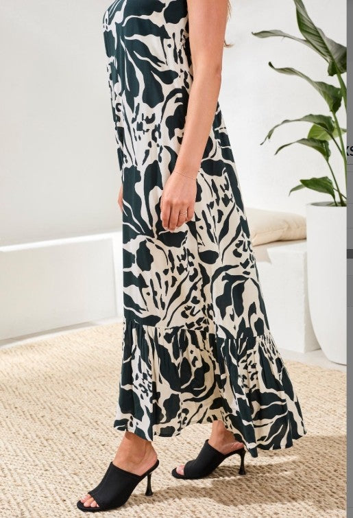 Tribal Maxi Dress w/Frill and Bk Smocking - Almost Black