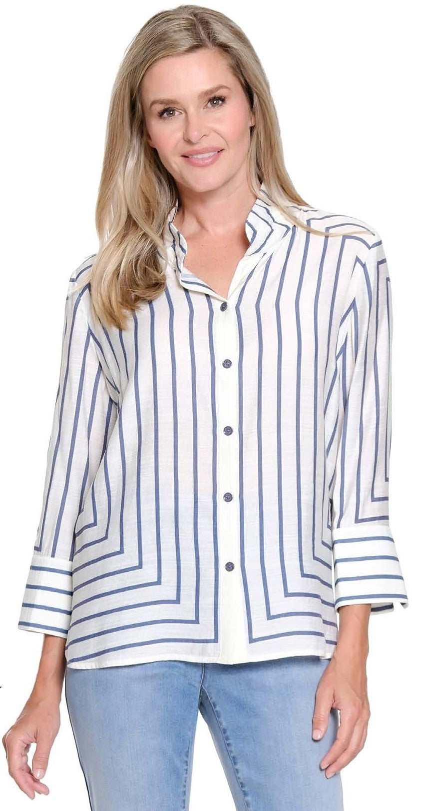 Wire Collar Stripe Button Up Top-Blue & Cream